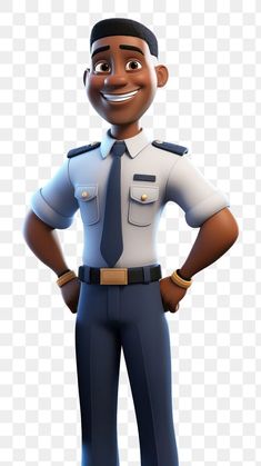 a cartoon police officer standing with his hands on his hips and looking at the camera