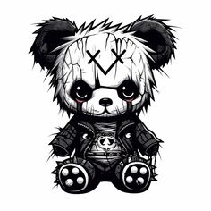 a black and white drawing of a teddy bear wearing a leather outfit with spikes on it's head