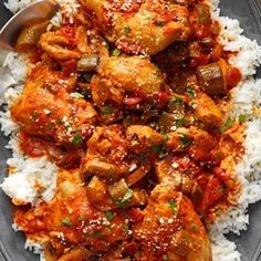 a plate with rice and chicken on it