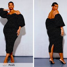 Channel All The Glam Vibes Into Your Weekend Wardrobe With This Plus Black Polka Dot Bandeau Puff Sleeve Midi Dress. Brought To You In A Black Polka Dot Material With A Bandeau Neckline And Puff Sleeves, How Could You Say No? This Plus Midi Dress Is The Answer To All Your What-To-Wear Dilemmas. Style Effortlessly With Gold Accessories And Clear Heels For A Dreamy Finish That Is Sure To Get Everyone Talking. Length Approx 132cm/52" (Based On A Sample Size Uk 16) Model Wears Size Uk 16/ Eu 44/ Aus Fall Brunch Wedding Guest Dress, Short Plus Size Fashion, Fall Brunch, Birthday Inspiration, Puff Sleeve Midi Dress, Clear Heels, Weekend Wardrobe, Blazer With Jeans, Sleeve Midi Dress