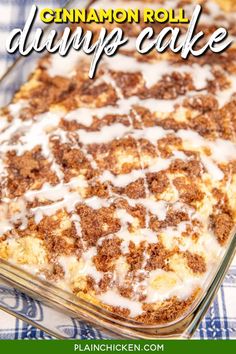 cinnamon roll dump cake in a glass baking dish