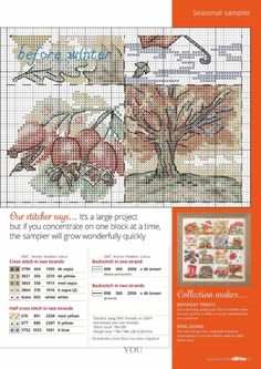 the cross stitch pattern is shown with instructions for how to make an autumn tree and leaves