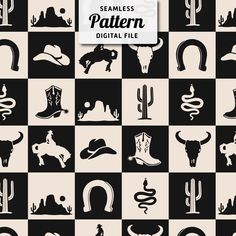 a collection of western icons on a black and white checkerboard background with the words seamless pattern digital file