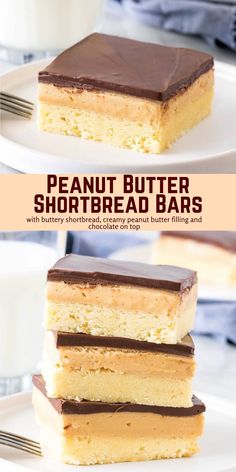 three pieces of peanut butter shortbread bars stacked on top of each other with chocolate frosting