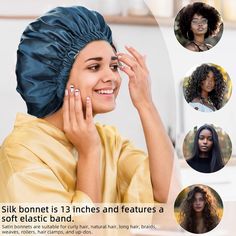 This satin bonnet is crafted from high-quality satin material, offering a soft, comfortable feel without irritating the scalp, and no fade. This beanie hat effectively protects the hair, helping to lock in moisture and maintain hairstyles, ensuring a comfortable night's sleep. The smooth and soft texture of silk helps reduce friction between the hair and the bonnet, minimizing the risk of breakage and spThe diameter of this silk bonnet is 13 inches and features a soft elastic band, making it suitable for almost all head sizes. Satin sleep beanie are suitable for curly hair, natural hair, long hair, braids, weaves, rollers, hair clamps, and up-dos. It is suitable for activities like washing the face, applying makeup, taking a shower, and doing household chores. The double-layer design not o Silk Hair Bonnets, Curly Hair Natural, Overnight Hairstyles, Natural Curly Hair, Silk Bonnet, Satin Bonnet, Hair Clamps, Hair Bonnet, Hair Braids