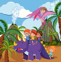 children riding on the back of an elephant in front of mountains and palm trees illustration