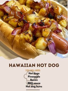 a hot dog on a bun with onions and ketchup is shown in this advertisement