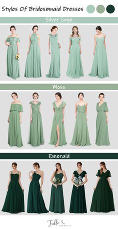 bridesmaid dresses in different colors and styles, with the same color scheme for each dress