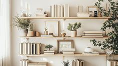 shelves with books, plants and pictures on them