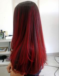 Red And Black Hair Ideas, Black Hair Ideas, Hair Streaks, Long Red Hair