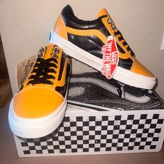 Brand New Authentic Vans With Box And Stickers Attached Same Day Shipping 100% Original Yellow Leather Skateboarding Sneakers, Urban Yellow Skate Shoes With Rubber Sole, Yellow Urban Skate Shoes With Rubber Sole, Yellow Low-top Sneakers With Rubber Toe Cap, Sporty Yellow Sneakers, Yellow Lace-up Skate Shoes For Streetwear, Retro Yellow Sneakers For Skateboarding, Yellow High-top Sneakers With Rubber Toe Cap, Yellow Retro Sneakers For Skateboarding