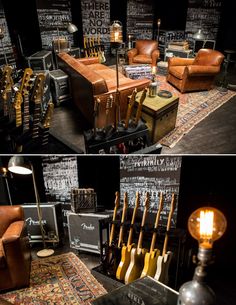 a room filled with lots of different types of guitars and amps on the floor