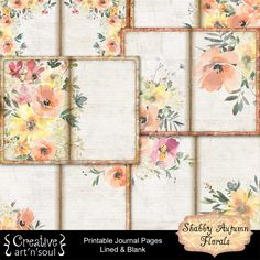 printable journal pages with watercolor flowers and leaves on them, set of 8