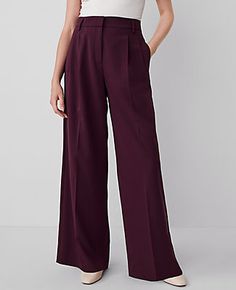 This flattering pant features an easy fit through the thigh and front pleats for extra ease of movement. Front zip with double hook-and-bar closure. Belt loops. Front pleats. Front on-seam pockets. Back besom pockets.,Leg Shape:Leg Shape: Wide Leg – a modern must-have with a statement leg and flattering high waist,Rise:High rise: sits 1/2" to 1" below natural waist,Imported:Imported,Fit:Fit: Relaxed & easy,Length:Full length: 32" inseam with 27" leg opening,Fabrication:73% Polyester, 20% Rayon, Plum Outfit, Plum Pants, Flattering Pants, Purple Pants, Maroon Dress, Blazer And Skirt, Petite Pants, Colored Pants, Wide Leg Pant