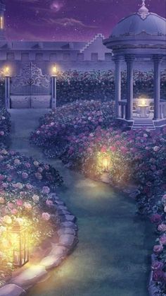 a painting of a gazebo in a garden at night with flowers and lights around it