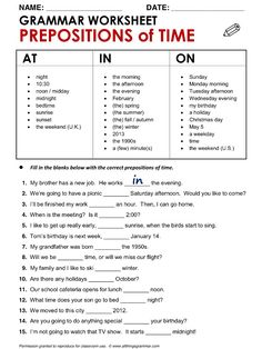 the worksheet for prepositions of time is shown in red and black