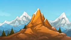 an illustration of a mountain with trees and snow on the mountains in the back ground