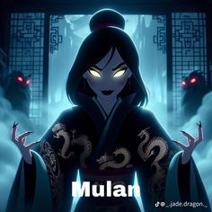 an animated image of mulan from the movie avatars, with glowing eyes and dark hair