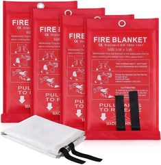 three red fire blankets with instructions on them