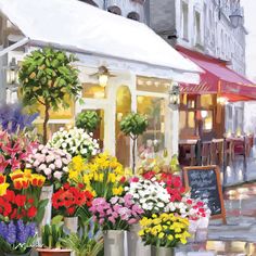 an oil painting of flowers in front of a flower shop