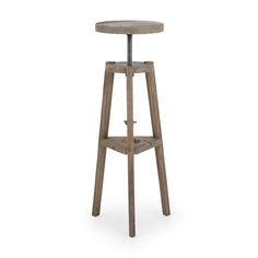 the stool is made out of wood and has an iron bar handle on it's side