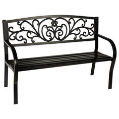 a black metal bench sitting on top of a white background