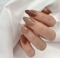 Mocha And Gold Nails, Coffee Themed Nails, Brown Shimmer Nails, Nude Nails Aesthetic, Pantone Nails, Tan Nails, Almond Nail Art, Mens Nails, Nail Shimmer