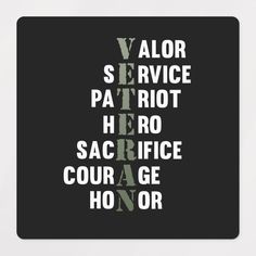 a square coaster with the words valor, service, patrol, hero, sacrifice, courage and honor