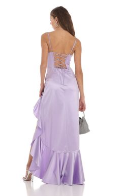 Venus Satin Ruffle Dress in Lavender Pastel Prom Dress, Aliexpress Dresses, Satin Ruffle Dress, Purple Silk Dress, Purple Long Dress, Silk Prom Dress, Prom Dress Inspo, Prom Dress Inspiration, Pretty Prom Dresses