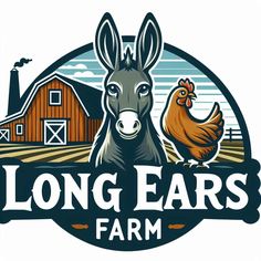 the logo for long ears farm, with a donkey and chicken in front of it