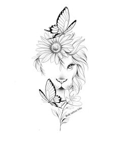 a drawing of a lion with flowers on its head and butterflies around it's face