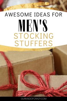 the words awesome ideas for men's stocking stuff on top of two boxes