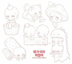 an image of cartoon characters drawn in line on the white paper with korean words written below