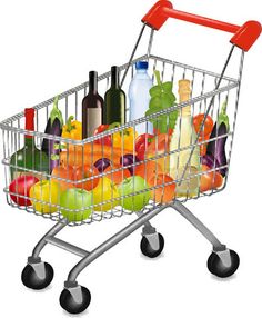 a shopping cart filled with lots of different types of fruit and vegetables, including bottles of wine