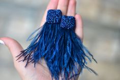 Natural feather earrings Navy dark blue Watterfall beaded clip on  tassel earrings Bohemian boho Sta Elegant Blue Tassel Earrings For Festival, Handmade Blue Bohemian Clip-on Earrings, Clip On Tassel Earrings, Diy Earrings Dangle, Blue Waterfall, Motifs Perler, Birthday Girlfriend, Bead Embroidery Jewelry, Earrings Bohemian