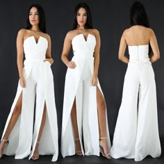 Brand New!! Stunning Strapless V-Neck Jumpsuit With Wide Wrap Legs White Backless Jumpsuits And Rompers For Date Night, White Strapless Jumpsuits And Rompers For Date Night, Chic Fitted Split Jumpsuits And Rompers, White High-waisted Strapless Jumpsuit For Night Out, White High Waist Jumpsuits For Night Out, White High Waist Jumpsuits And Rompers For Night Out, White High-waist Jumpsuits And Rompers For Night Out, Fitted Split Jumpsuits And Rompers For Party, Fitted Jumpsuits And Rompers With Split For Party