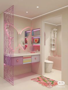 a bathroom with pink and purple decor on the walls