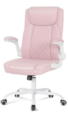 a pink office chair with wheels on the back and seat upholstered in white leather