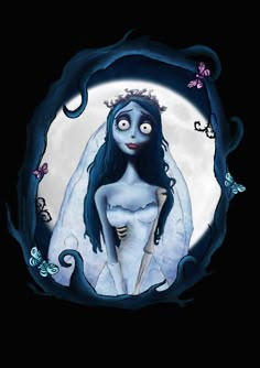 a woman with blue hair wearing a white dress and holding a knife in front of a full moon