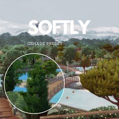 the video game softly has an image of a park with trees and water in it