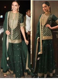 Buy Deepika Padukone Green designer Sharara in UK, USA and Canada Sabyasachi Suits, Gharara Designs, Sharara Dress, Sharara Designs, Sharara Suits, Gaun Fashion, Desi Wear, Sharara Suit