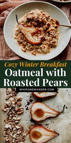 oatmeal with roasted pears in a white bowl