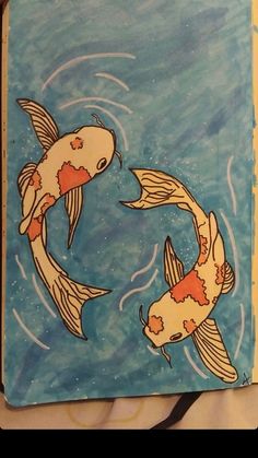 two koi fish are swimming in the water on a blue and yellow book cover