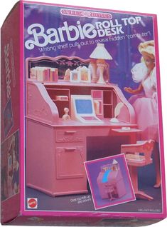 an advertisement for barbie's doll desk and chair