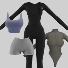 three different types of bodysuits are shown in various colors and sizes, including one black