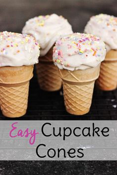 four ice cream cones with sprinkles on top and the words easy cupcake cones