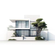 an architectural rendering of a modern house with trees in the front and stairs leading up to it