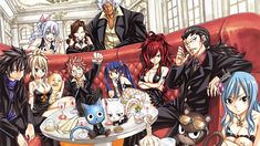 anime characters sitting around a table with food and drinks in front of them on the couch