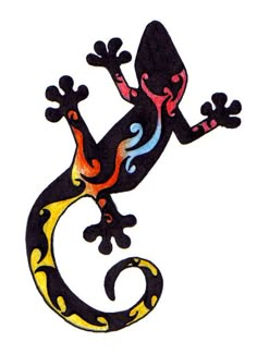 a gecko is painted on the side of a white wall with black and yellow accents