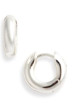 A chubby silhouette lends pillowy dimension to these dainty sterling silver hoop earrings plated in warm 18-karat gold. 5/8" hoop diameter; 1/4" width Hinge with snap-post closure Sterling silver/18k-gold plate Imported Silver Small Hoop Earrings, Sterling Silver Hoop Earrings, Huggie Hoop Earrings, Sterling Silver Hoops, Keep Jewelry, Silver Hoops, Silver Hoop Earrings, Silver Earrings, 18k Gold